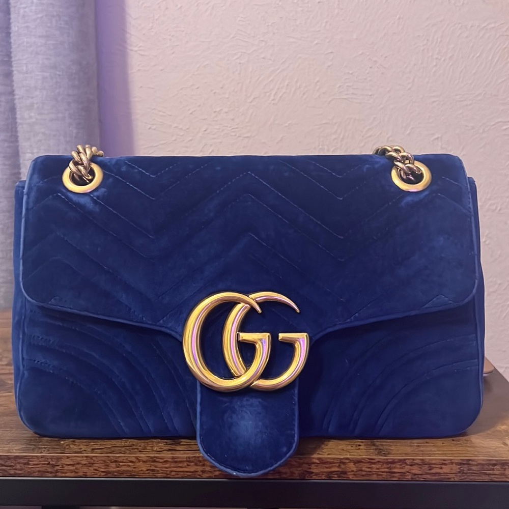 100% Authentic Royal Blue Velvet Gucci Marmont Medium
